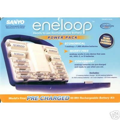 Sanyo Eneloop Battery Charger w/ 8 AA & 4 AAA Batteries Plus 2 C & 2 D Size Adapter