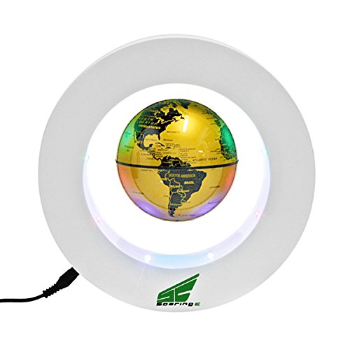 Magnetic Levitation Floating World Map Globe with LED Lights for Learning Education Teaching Demo Home Office Desk Decoration (Circle White Base+ Gold Globe)