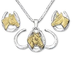 Triple Horseshoe and Horsehead Necklace and Earrings Set