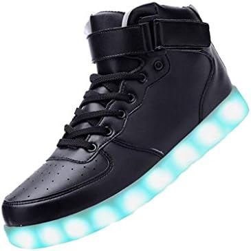 Merveilleux Women's Men's Lightweight Lace Up USB Charging LED Flashing Sneakers Light Up High Top Shoes #2 Black