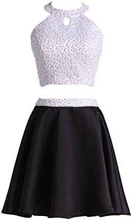 LucysProm Women's Homecoming Dresses Two Piece Halter Satin Short Prom Dresses Size 0 US Black