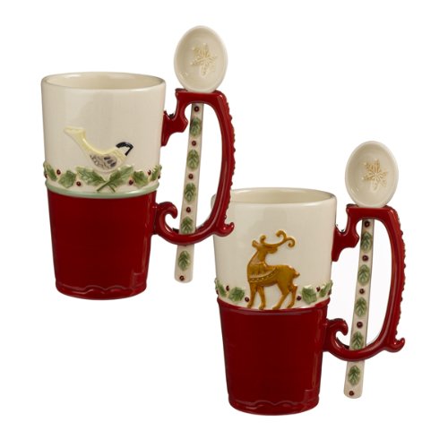 Grasslands Road Let Nature Sing Chickadee and Deer Stoneware Cocoa Mugs with Spoons, Set of 4