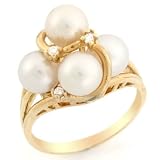 10k Solid Yellow Gold CZ & Four Freshwater Pearl Eye Catching Elegant Ring