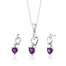 Sterling Silver 1.75 carats total weight Heart Shape Amethyst Pendant Earrings and 18 inch Necklace Set