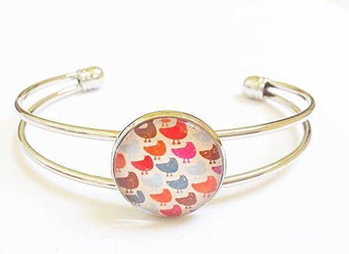 silver plated cute birds motif bangle ~ glass cabochon bracelet