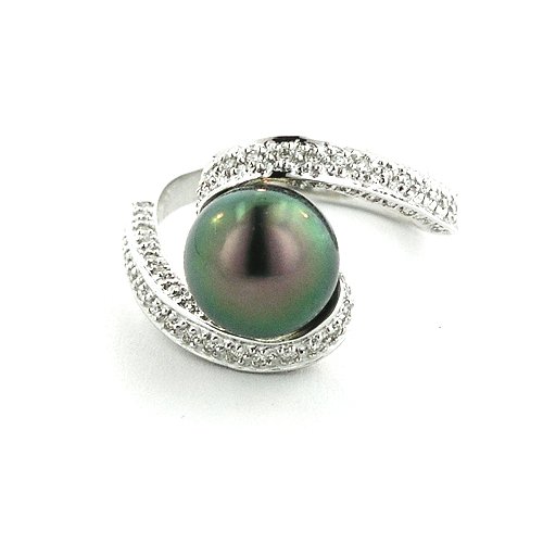 18K White Gold Tahitian Pearl & Diamond Swirl Ring