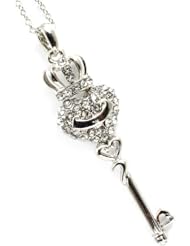 Silver Tone Designer Inspired Pavé Crystal Heart Key Pendant Crown Necklace
