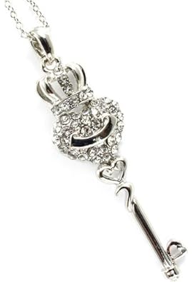 Cheap Girls Jewelry Silver Tone Designer Inspired Pavé Crystal Heart Key Pendant Crown Necklace For Sale