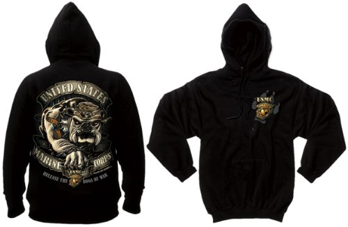Black - USMC Bulldog Black Ink Design Hooded Sweatshirt