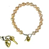 Key to My Heart Silver Charm Cultured Pearl Bracelet, Peach Pink