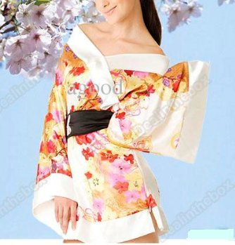 Yukat Japanese Kimono Lingerie Mini Silk Dress Costume - White - One Size
