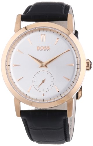Hugo Boss Silver Dial Rose Gold-tone Black Leather Mens Watch 1512776