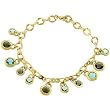 14k Gold Bonded Double Sized Dangling Linked Bracelet of Bezel Set Smokey Topaz CZ and Blue Topaz CZ in Goldtone