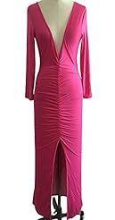 Sexy V-neck Long Sleeves Ruched Slit Sheath Floor Length Bandage Dress/Bodycon Dress/Evening Dress/Maxi Dress 