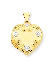 14k Gold Heart Locket with Rhodium Flowers