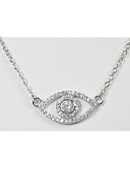 Evil Eye Necklace w. Clear CZ Rhodium over Sterling Silver 16"+2" Ext