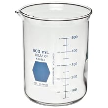 Kimble Kimax 14000R-600 Glass Low Form Griffin Beaker with Double Capacity Scale, 50-500mL Graduation Interval, 600mL Capacity, 50mL Graduation, Red (Case of 6)