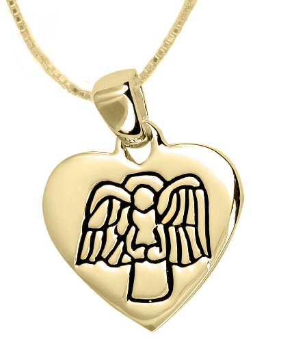 14k Yellow Gold Plated Sterling Silver "Guardian Angel Protect Me" Reversible Heart Pendant With Angel, 18"