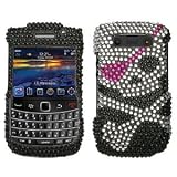Sparkling Black Skull with Pink Eye Patch Full Diamond Rhinestone Snap on Hard Skin Cover Case for Blackberry Bold 2 Bold2 9700 + Microfiber Cell Phone Bag