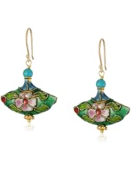 Gold Plated Sterling Silver Stabilized Turquoise Bead and Cloisonne Fan Shaped Drop Earrings