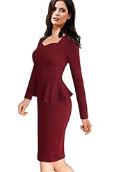V-neck Houndstooth Print Long Sleeves Cotton/Polyester Bodycon Dress 