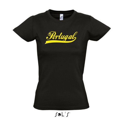 Damen T-Shirt – Portugal Oldschool LÄNDERSHIRT EM / WM FAN Trikot S-XXL , Deep black – gelb , L