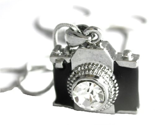 Trendy Black Art Deco 3D Camera Charm Necklace with Crystals