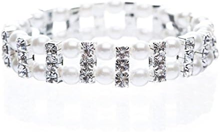 Crystalbella Fashion Bridal Wedding Jewelry Crystal Rhinestone 2-Row Pearl Classy Stretch Bracelet