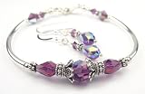2 Piece Set: Amethyst February Birthstone Bracelets and Earrings Sets Handmade .925 Sterling Silver with Swarovski Crystal Birthstones