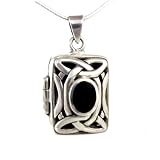 Black Onyx 925 Solid Sterling Silver Celtic Locket Pendant Necklace on 18 Inch Chain