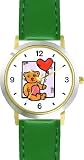 Teddy Bear With Heart Shaped Valentine Balloon Bear Animal - WATCHBUDDY® DELUXE TWO-TONE THEME WATCH - Arabic Numbers - Green Leather Strap-Women's Size-Small