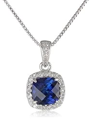 Sterling Silver Checkboard Cushion Cut Created White Sapphire Halo Pendant Necklace, 18"