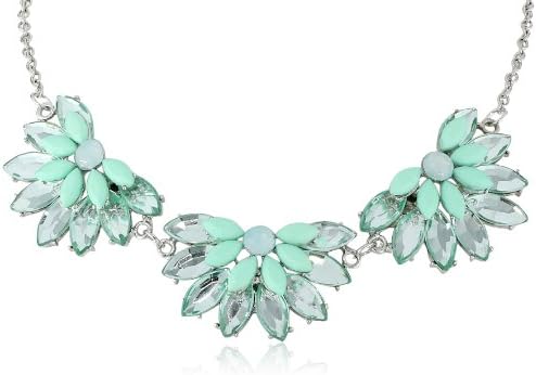 3 Opaque and Trans Half Flower Chain Shiny Silver and Mint Necklace, 16"