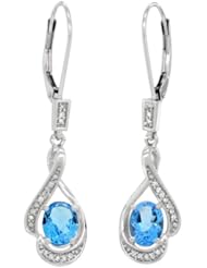 14k White Gold 3/4 in. (19mm) tall Lever Back Dangle Earrings, w/ 0.13 Carat Brilliant Cut Diamonds & 2.40 Carats Oval Cut 7x5mm Blue Topaz Stones