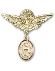 14K Gold Baby Badge with St. Julia Billiart Charm and Angel with Wings Badge Pin