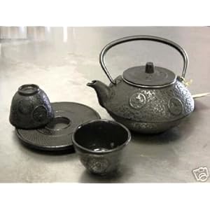 Black Antique Coin Cast Iron Tetsubin Tea Pot Kettle Set 