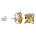 November Birthstone, Natural Citrine 1 1/4 Carat (6mm) Size Princess Cut Square Stud Earrings in Sterling Silver Basket Setting