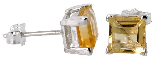 November Birthstone, Natural Citrine 1 1/4 Carat (6mm) Size Princess Cut Square Stud Earrings in Sterling Silver Basket Setting