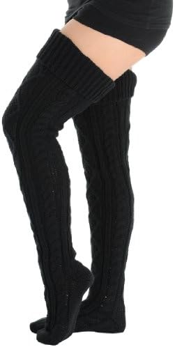 Womens Black Cable Knit Thigh High Socks Textured Twist socks wear scrunched
