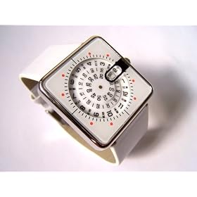 Slim Modern DESIGNER WATCH Retro Rotating Discs WHITE Jump Hour