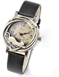 Jovivi Fashion Womens Bronze Case Cat & Flower Quartz Analog Watch, Pu Band -- Black