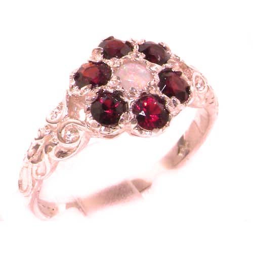 Victorian Ladies Solid Rose Gold Natural Fiery Opal & Garnet Daisy Ring - Finger Sizes 5 to 12 Available
