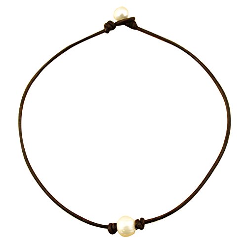 White Pearl Necklace Choker with 11-12 mm Pearls on Natural Dark Brown Leather
