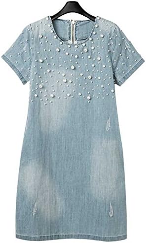 Women's Plus-size Fashion Denim Dress with Pearl 4XL