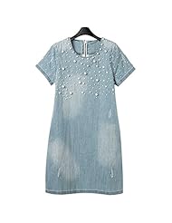 Plus Size  Denim Round Neck  Dress With Pearls