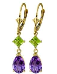 14k Gold Leverback Earrings with Genuine Amethysts & Peridots