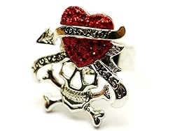 Skull with Red Crystal Studs - Skull Heart Ring