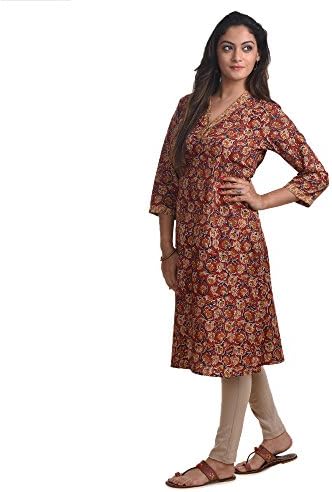 Chidiyaa Women's Kalamkari Block Printed V Neck Kurti L Natural Dye Maroon