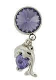 Non-Piercing Belly Button Ring Surgical Steel w/ Swarovski CZ Crystal Set - Dolphin Dangle - Tanzanite