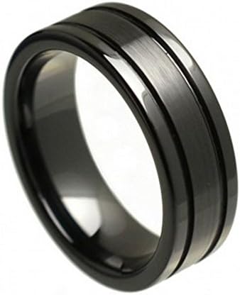 FREE ENGRAVING -8MM Black Ceramic Wedding Band Ring Flat High Polished Double Grooved Brushed Center (13)